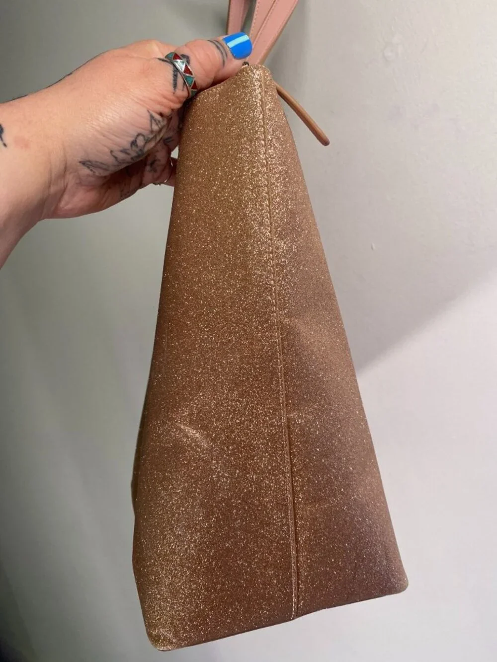Kate Spade New York Rose Pink Glitter Tote With Pink Handles Rose Gold